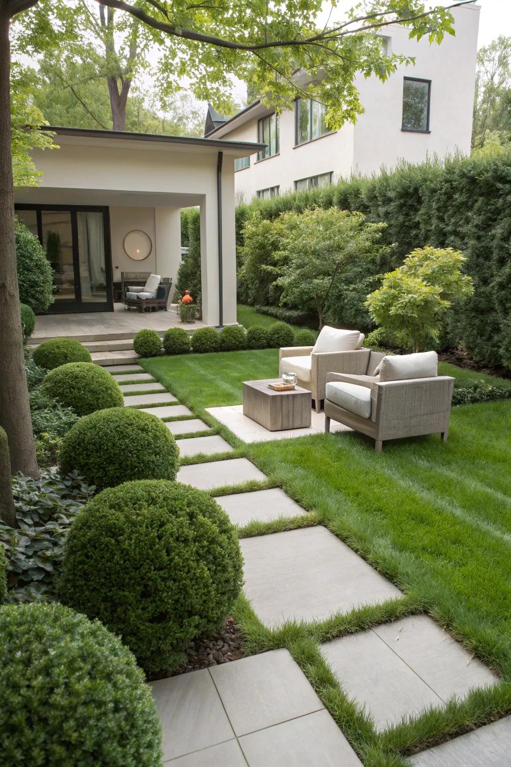 A hidden spot with modern furniture in a front yard.