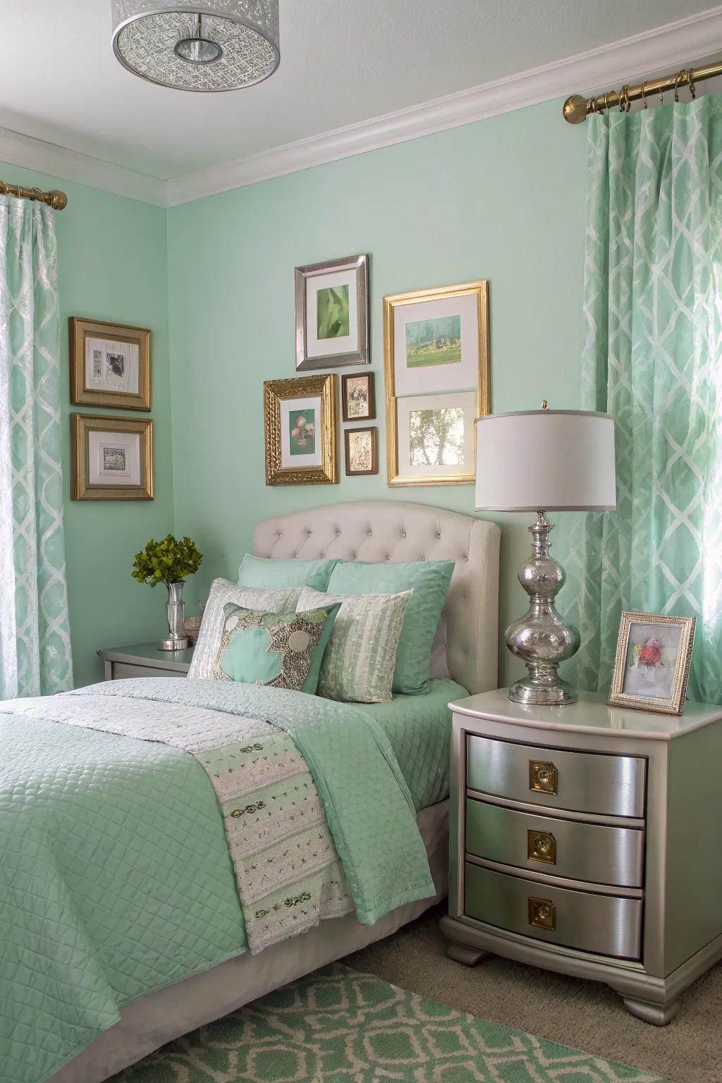 Chic metallic accents in a soft jade bedroom.