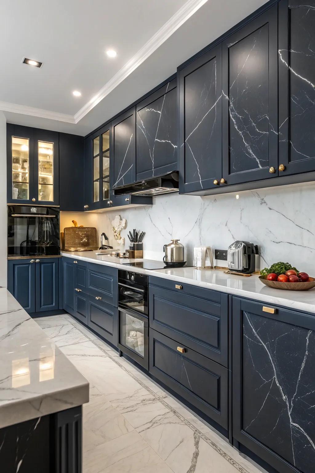 Shadowy marble surfaces inject a dramatic and opulent nuance to marine blue kitchens.