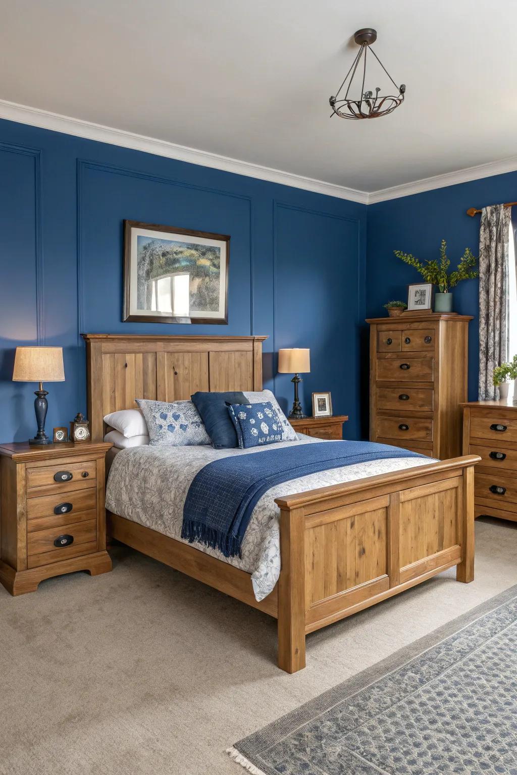 Timber components add warmth and coziness to the sapphire-themed bedroom.
