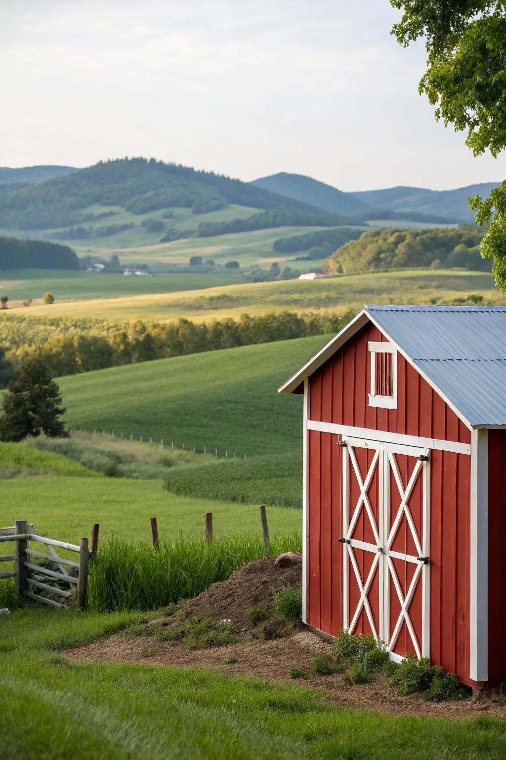 A rustic barn red shed, adding cozy charm to the garden.