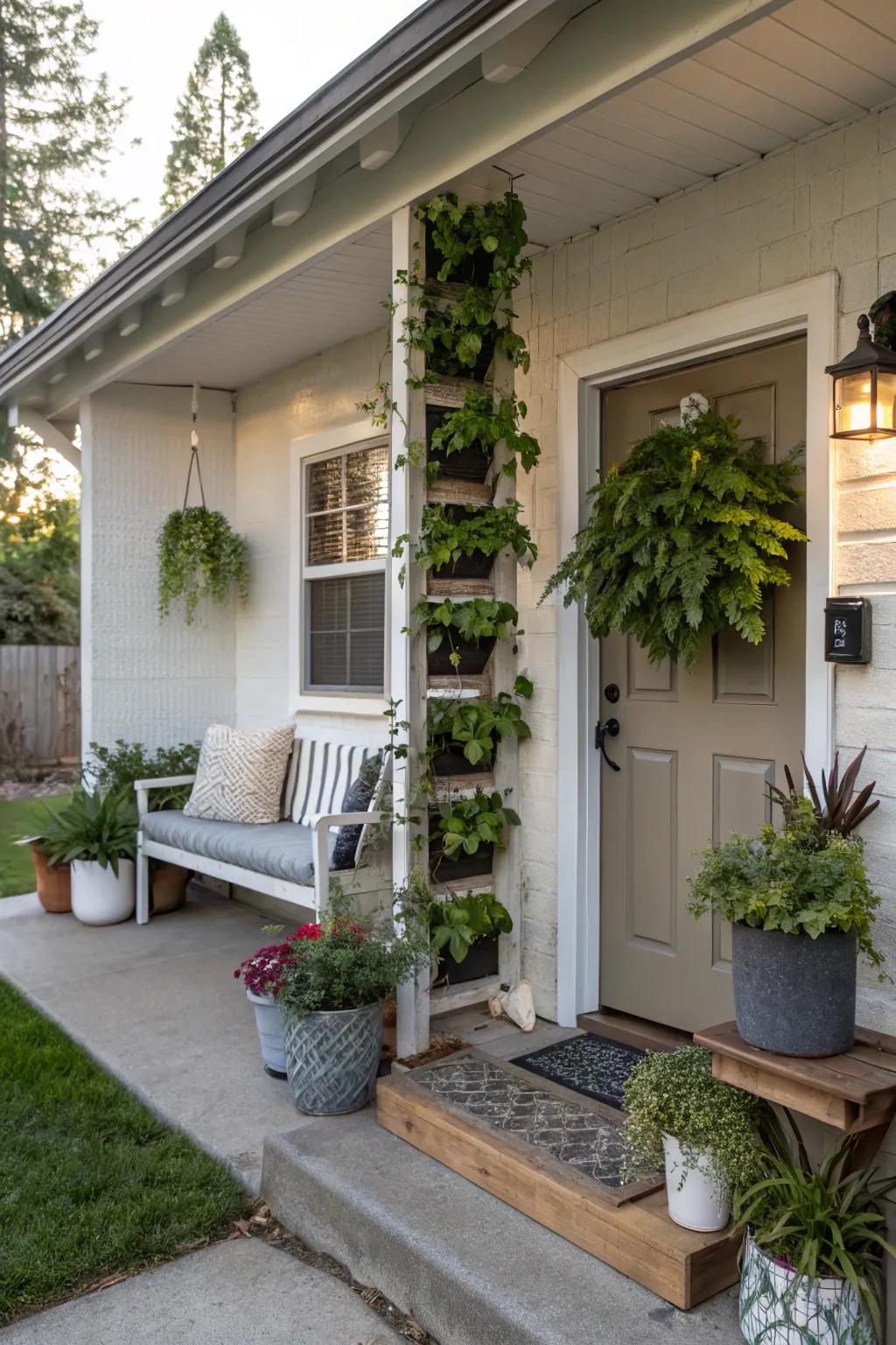 A small front porch showcasing a lush vertical garden, bringing nature and vibrancy to the space.