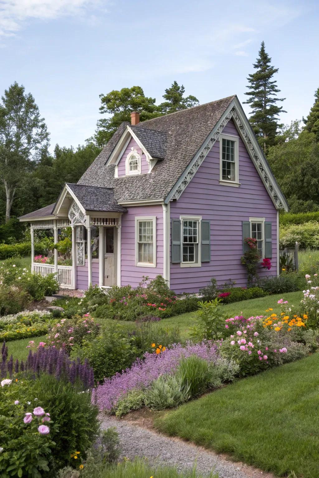Lavender and gray tones create an elegant, charming facade.