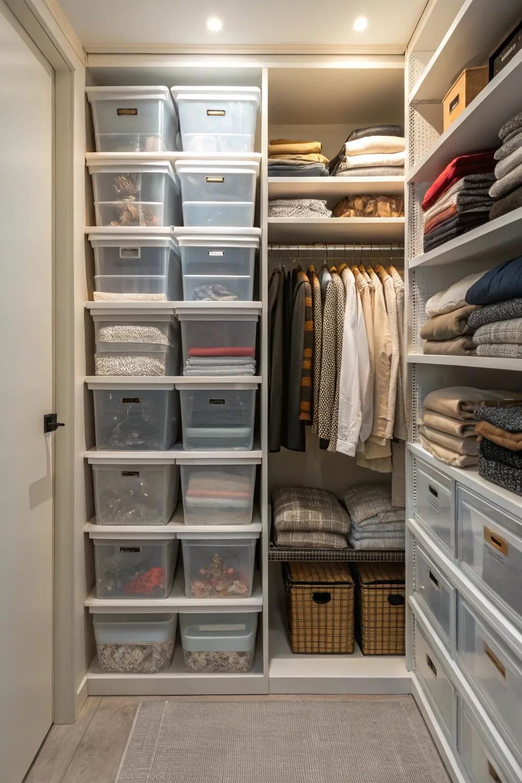 Transparent bins keep items visible.