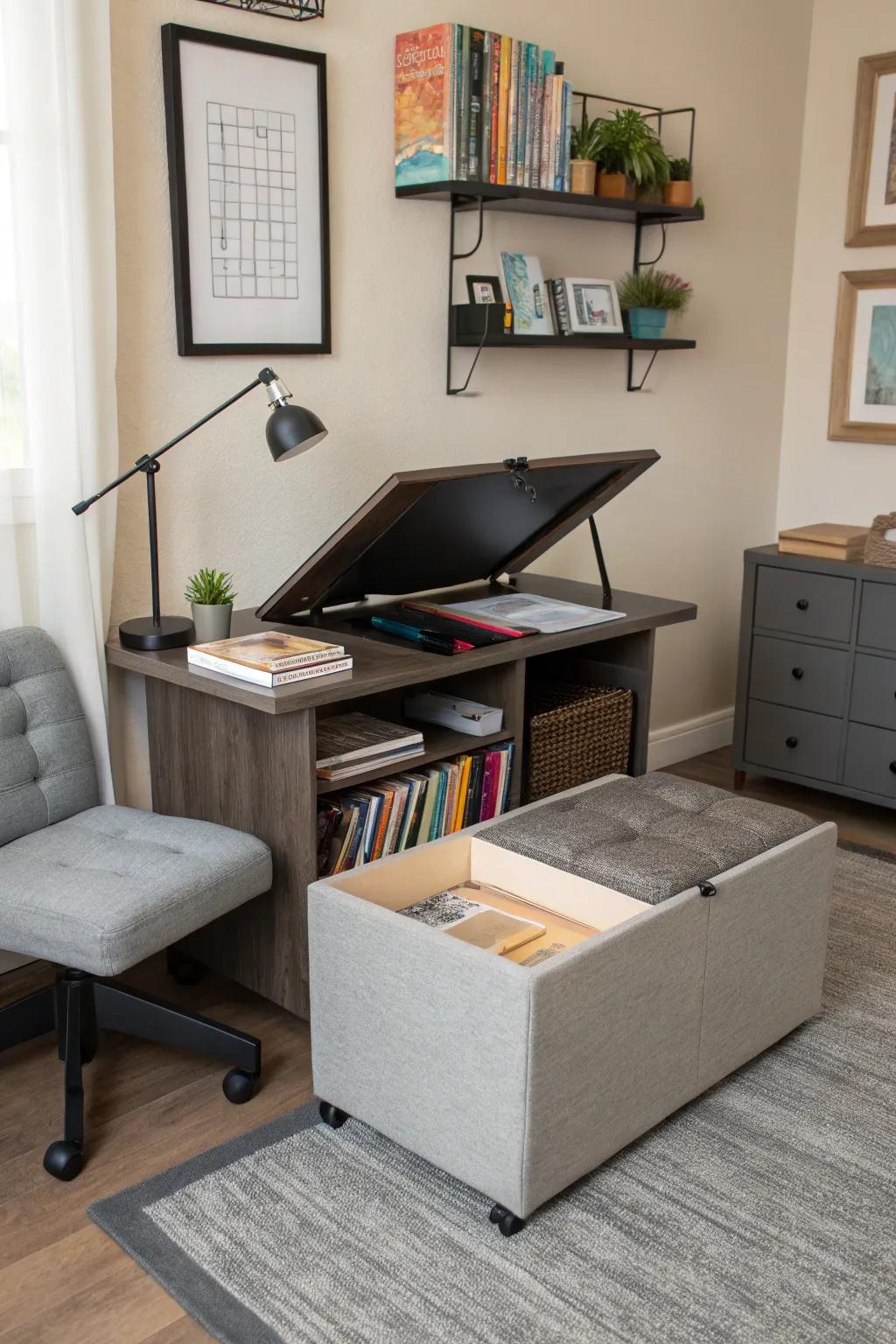A practical study room fitted with multifunctional furniture.