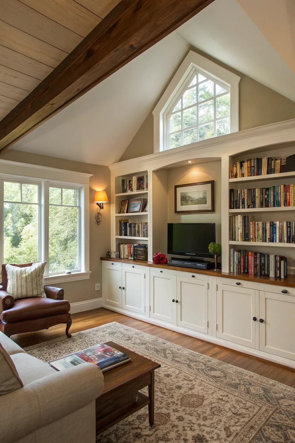 Clever stowage solutions sustain the open sensation of this vaulted ceiling living space.