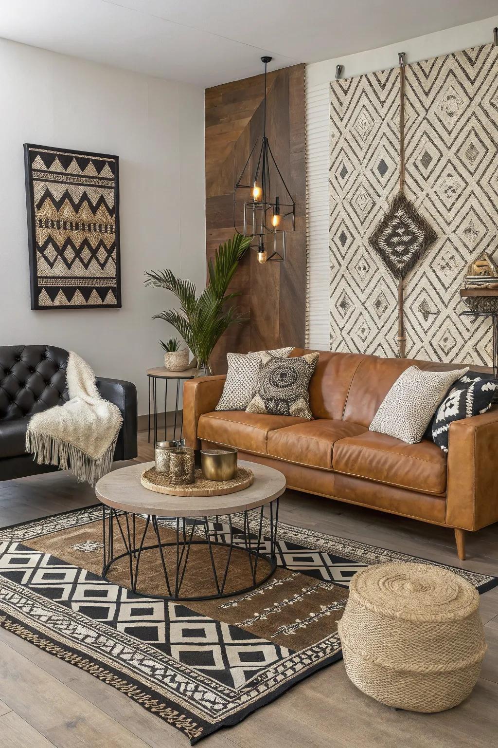 Textures and patterns adding layers to a moody living room.