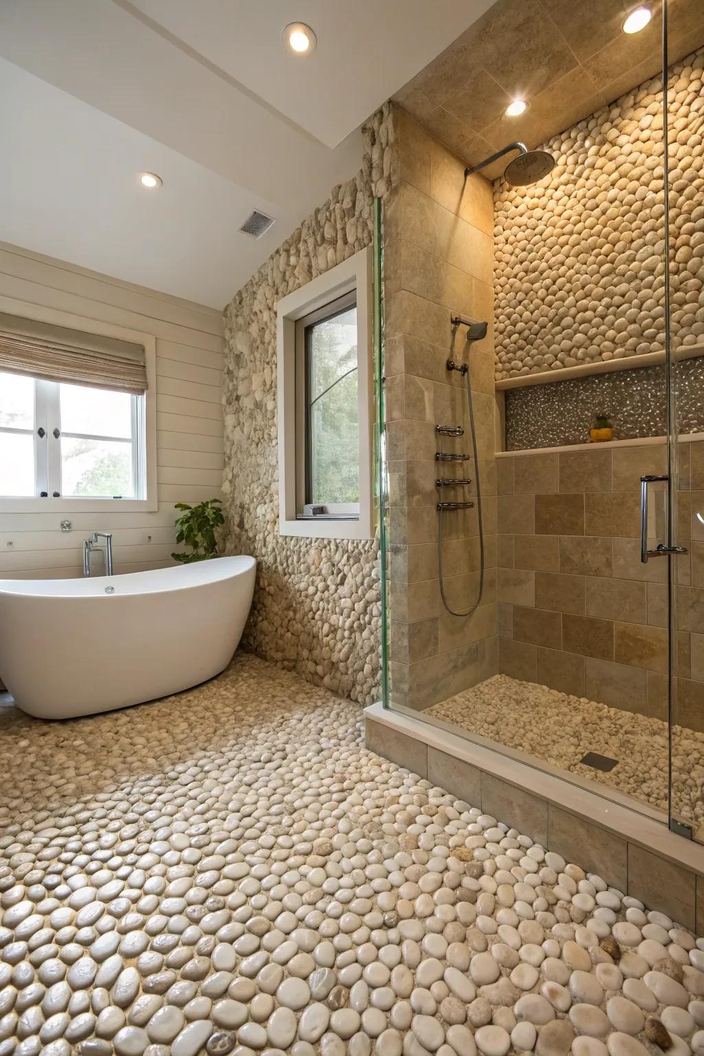 Produce peaceful, spa inspired feels thanks to pebble mosaics.