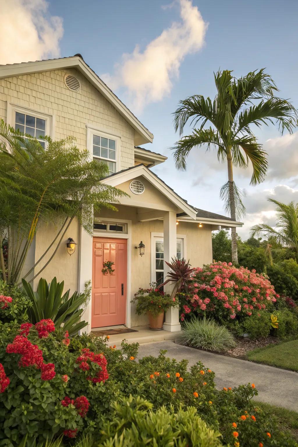 Scarlet front door delivers a playful and vibrant touch to a beige house.