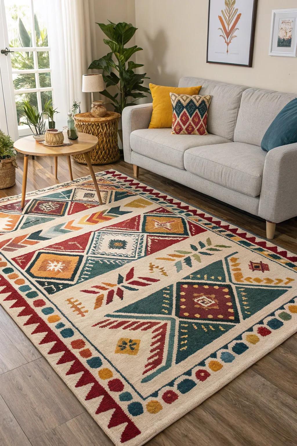 A highlight rug provides visual appeal together with anchors the spot.