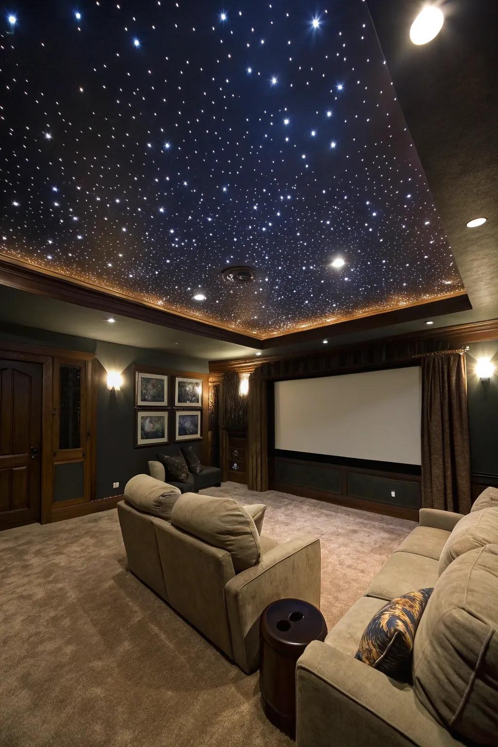 A faux star ceiling adds a hint of magic to your movie room.