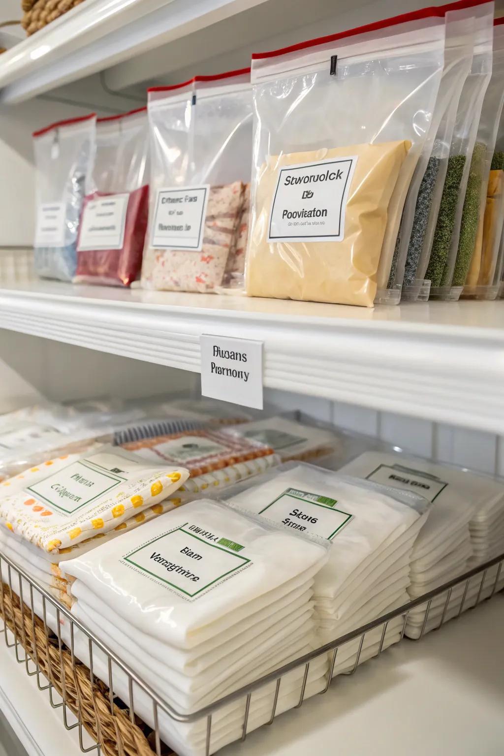 Seasonal napkin storage utilizes vacuum-sealed bags, guaranteeing freshness and space management.