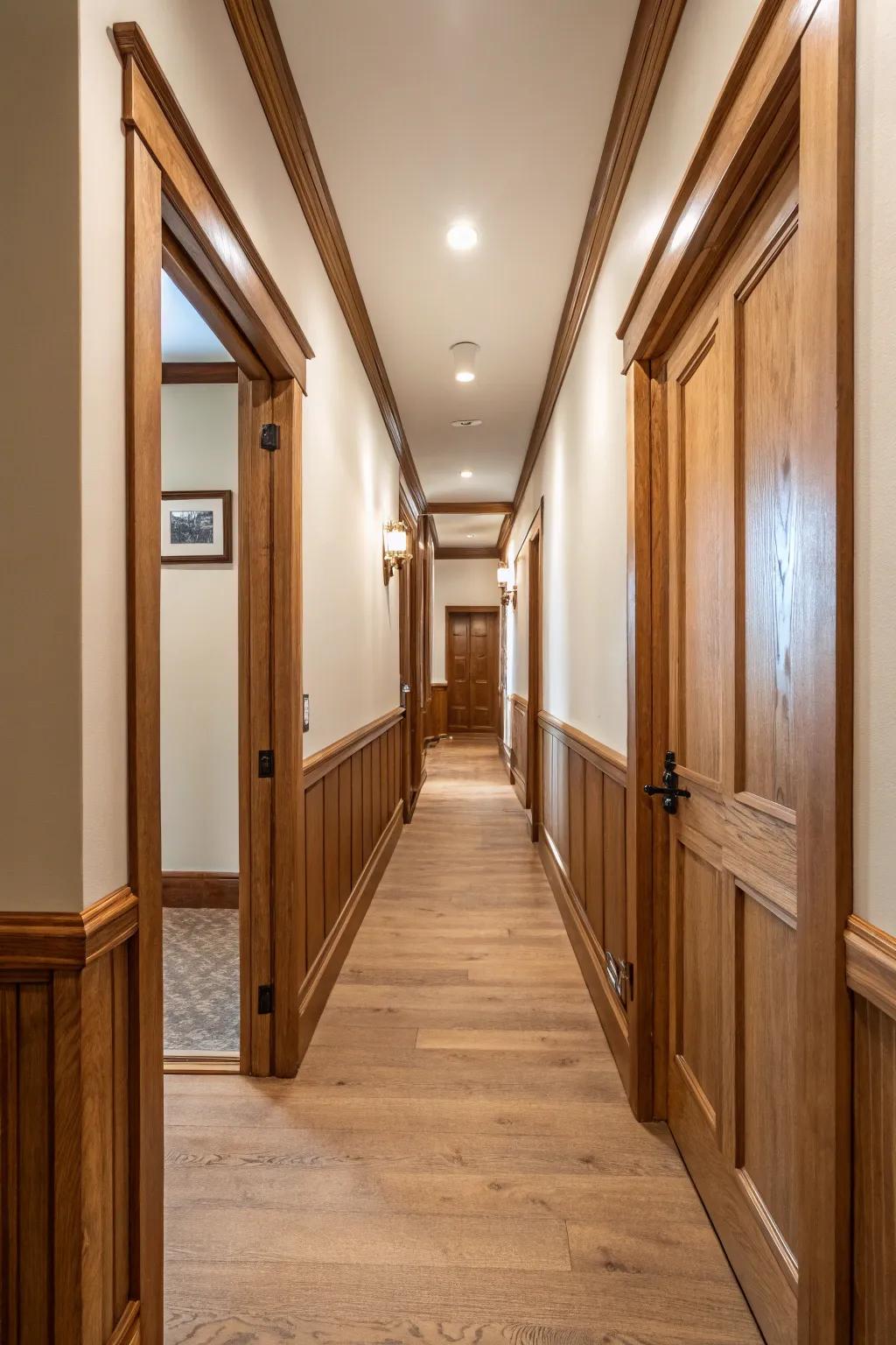 Natural elements such as timber contribute warmth and texture to a narrow hallway.