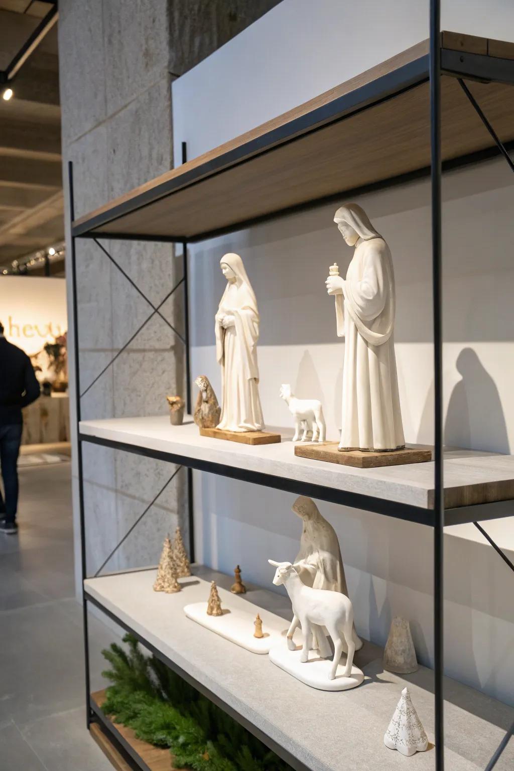 A minimalist nativity setup positioned on a streamlined suspended ledge.