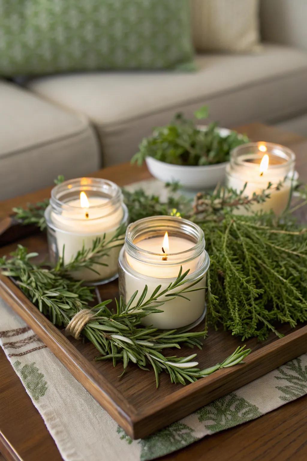 Herb-infused candles releasing a soothing aroma, perfect for creating ambiance.