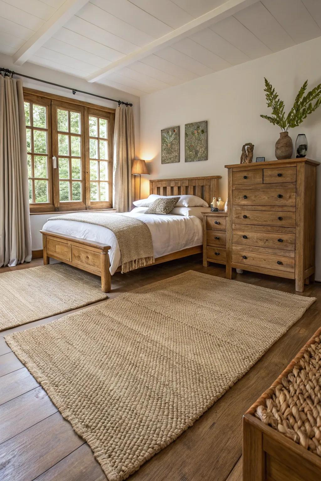 Organic fiber rugs build feel and warmth to any bedroom.