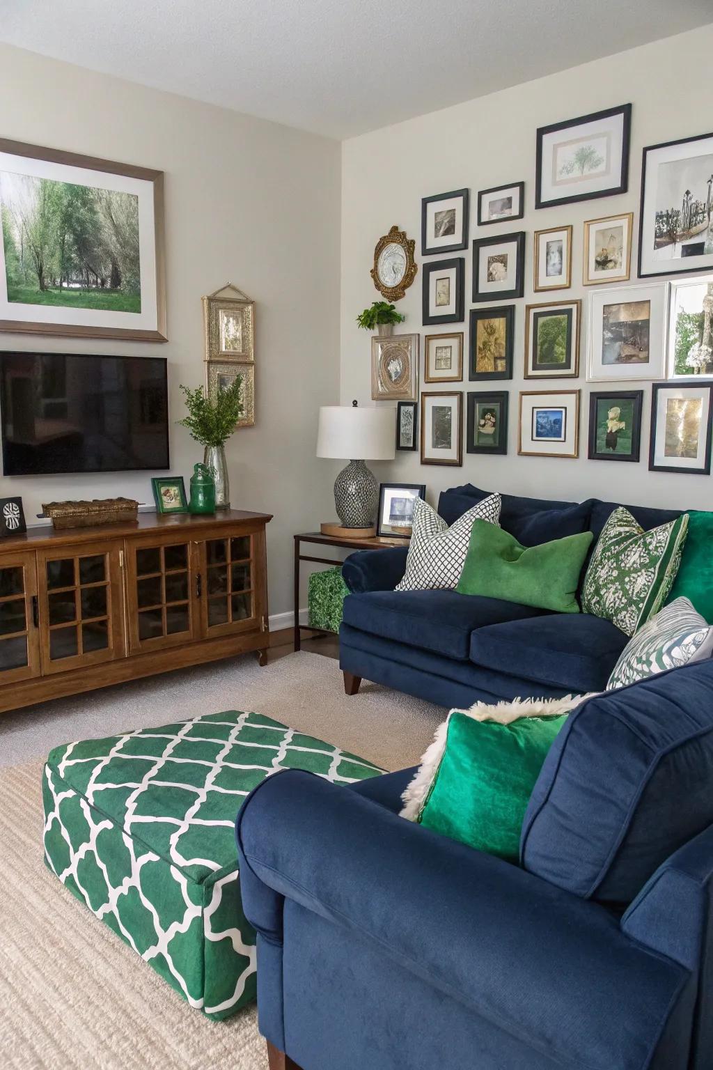 An diverse gallery wall adds personal flair to the living area.