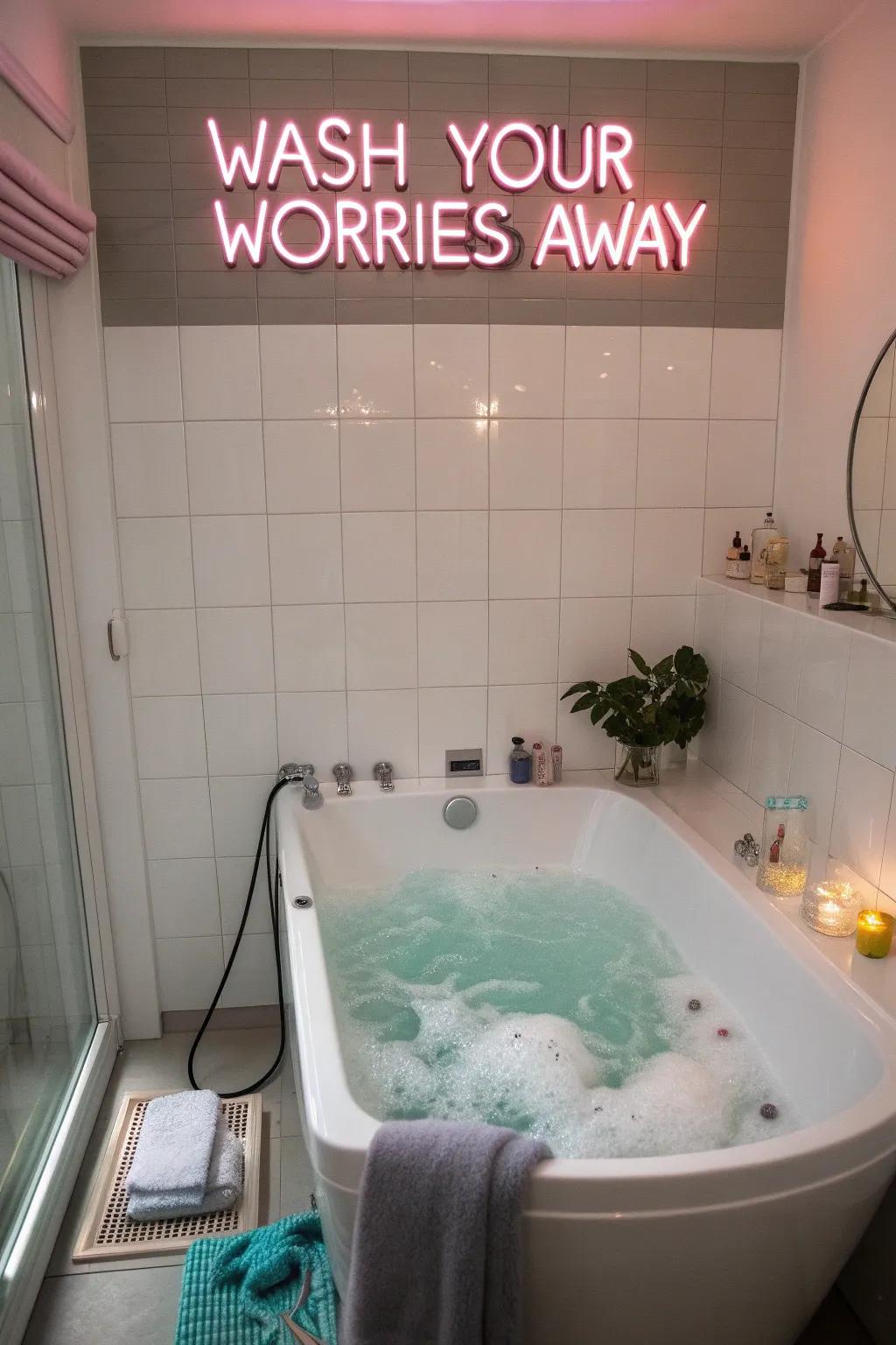 A playful neon design adds charm to a modern washroom.