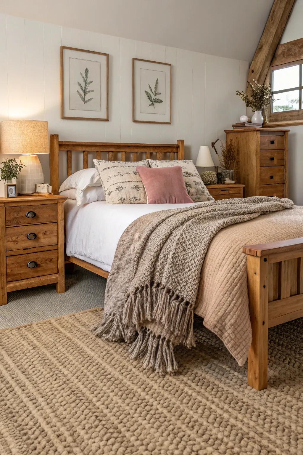 Rustic carpets fashion a warm and inviting bedroom ambiance.