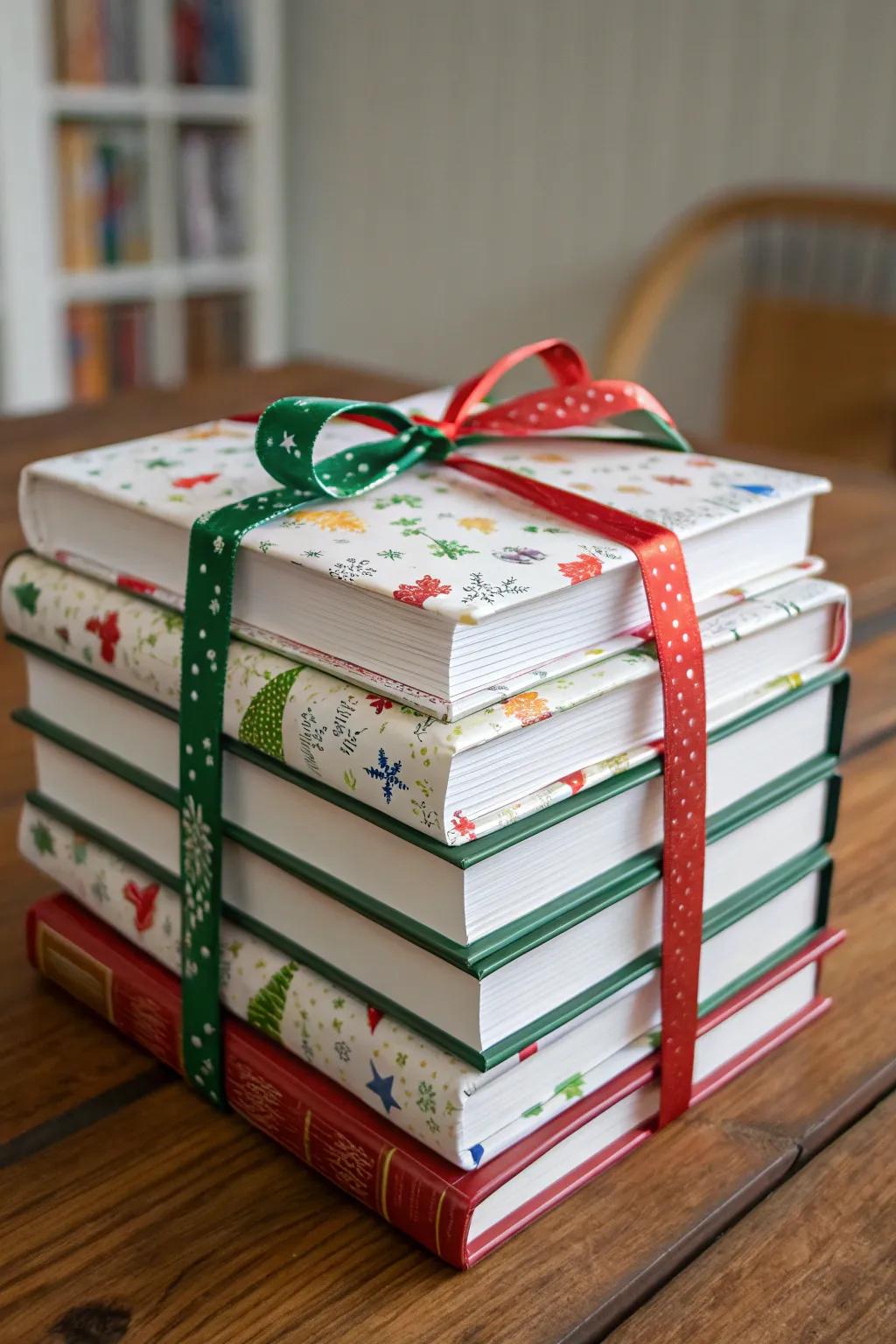 A pleasing selection of wrapped books for a holiday exchange.
