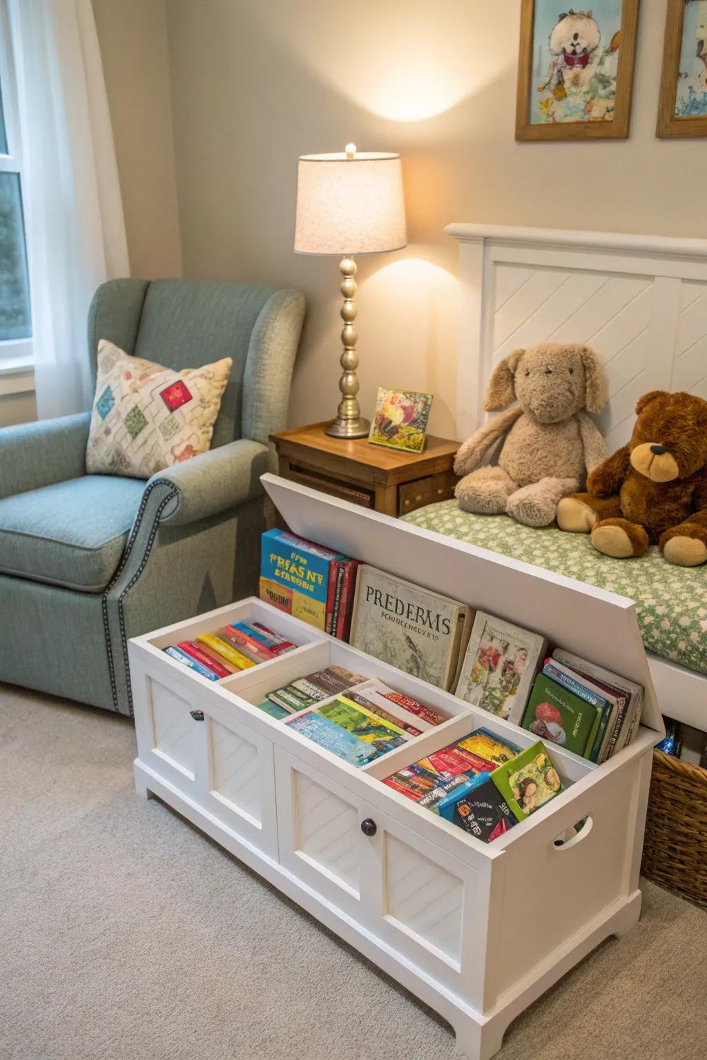 A reading corner equipped with a storage bench designed for a snug and structured space.