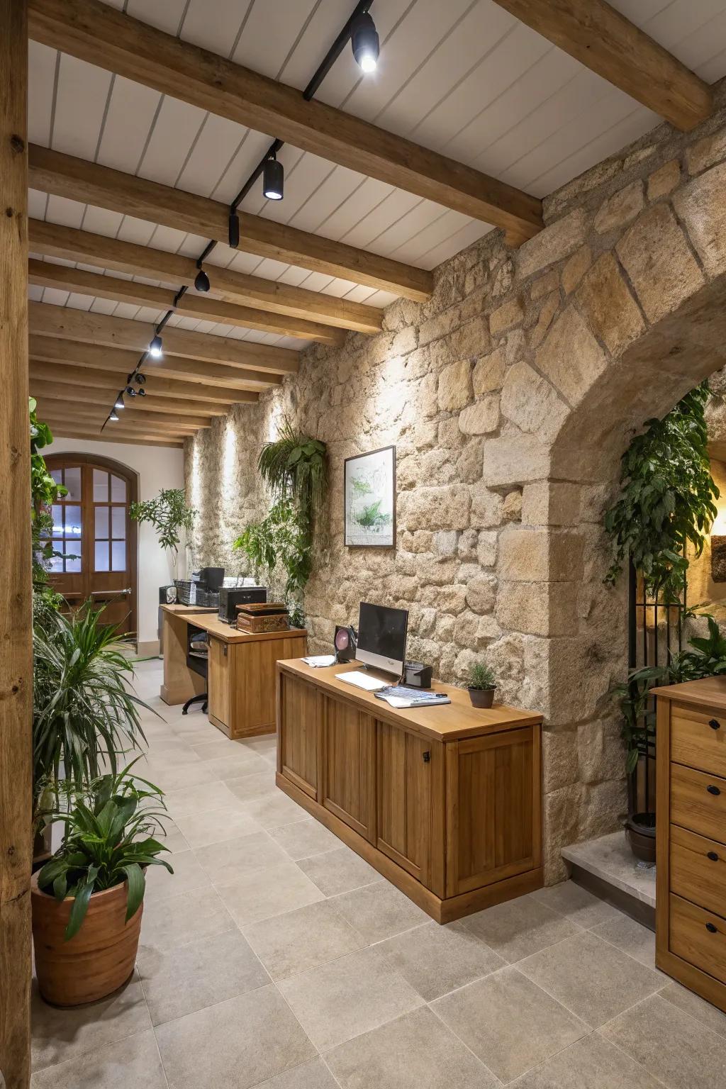 Organic materials adding a natural, grounded feel to office design.