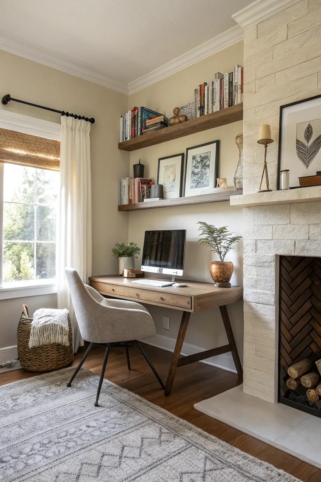 A simulated hearth adds style and warmth.