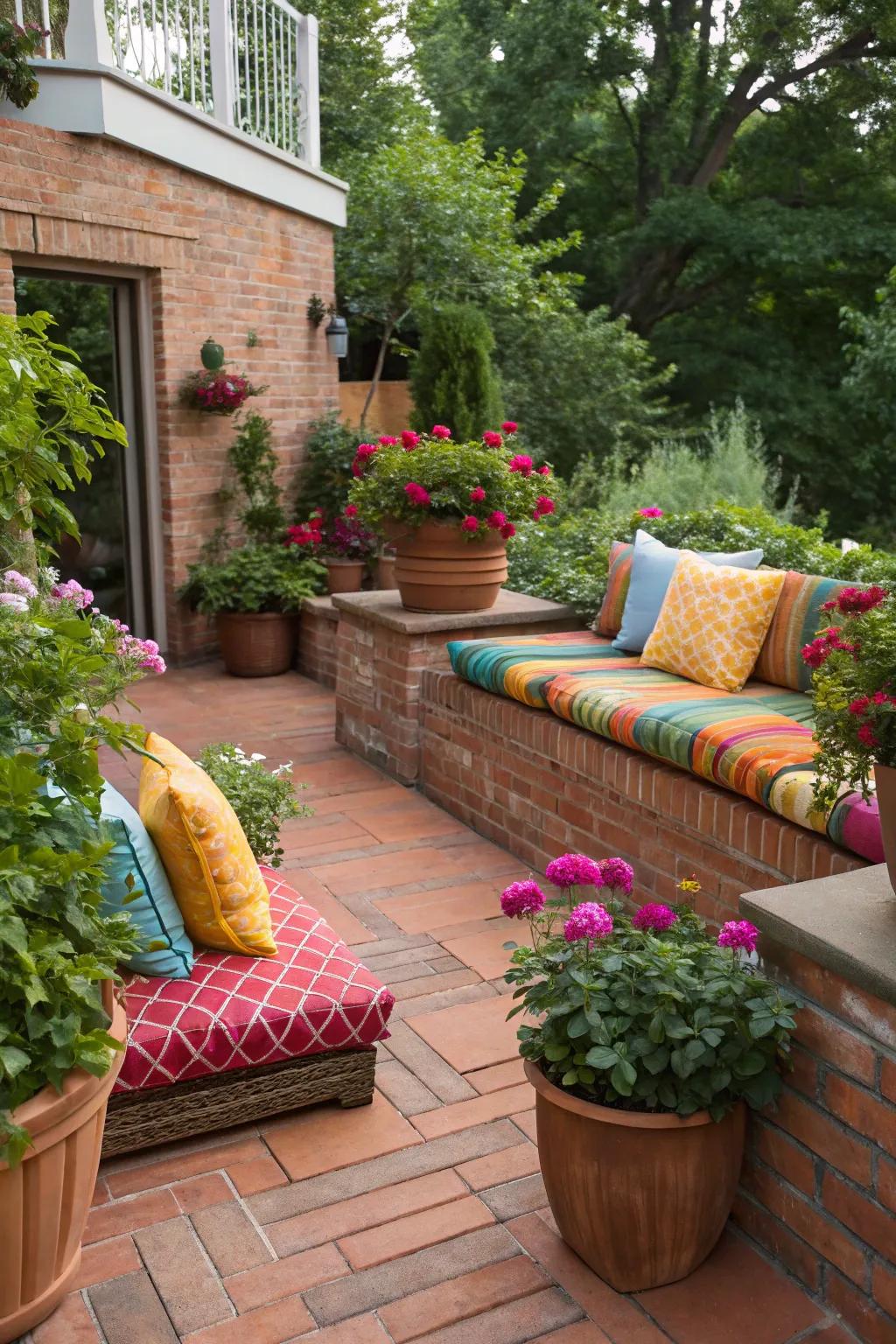 Bold color accents bring vibrancy to the brick patio