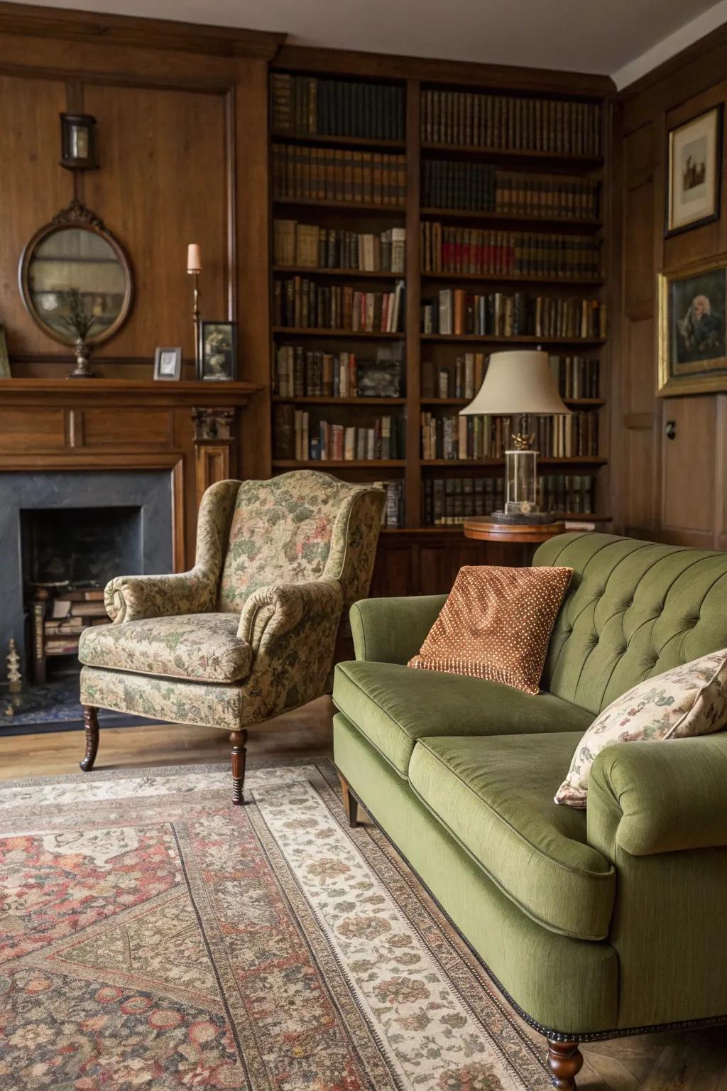 Vintage touches usher timeless elegance into the family room.