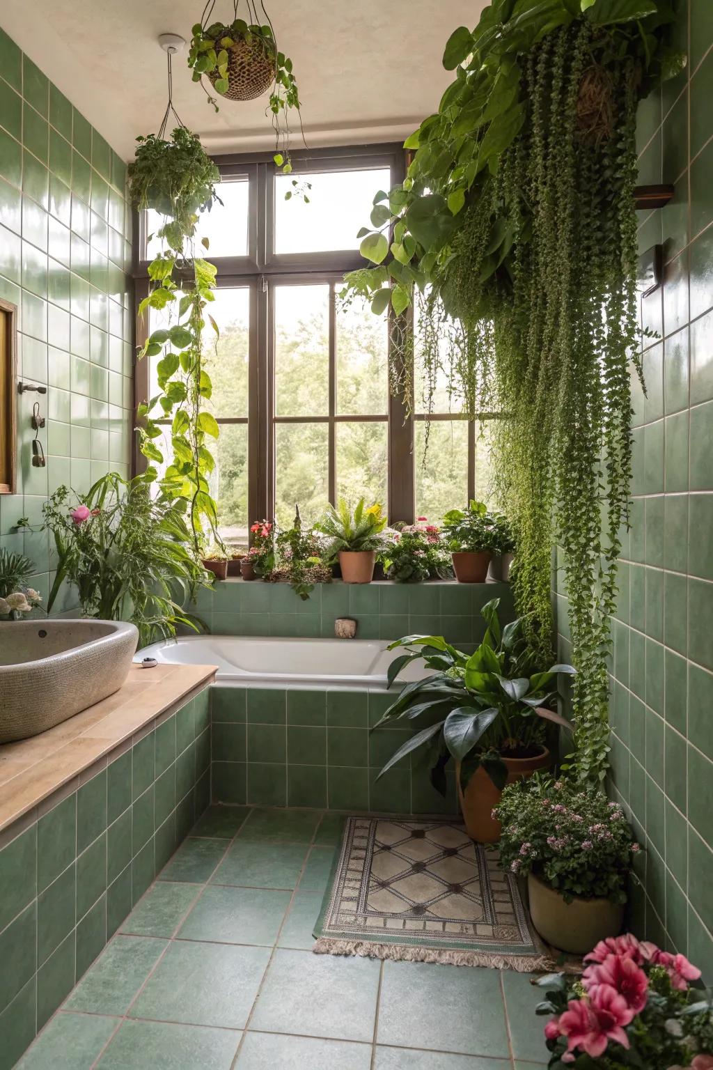 The botanical themes and olive green blend perfectly in this spa-like bathroom.