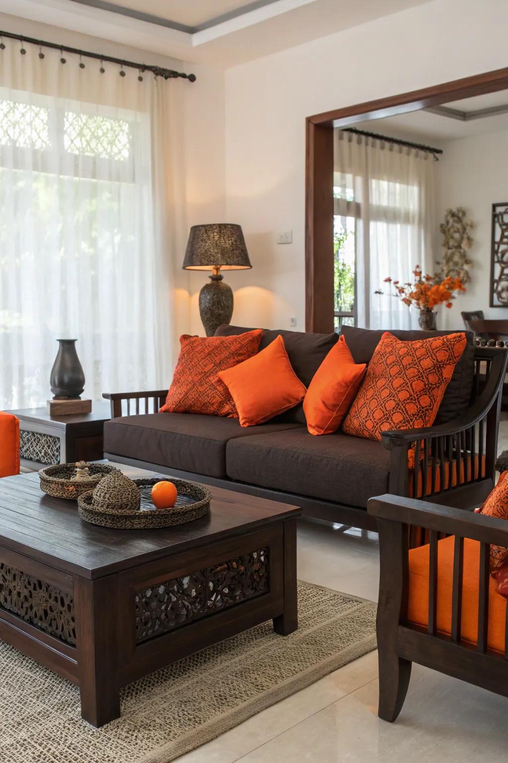 Dark and orange elements join to create a sophisticated, modern contrast.