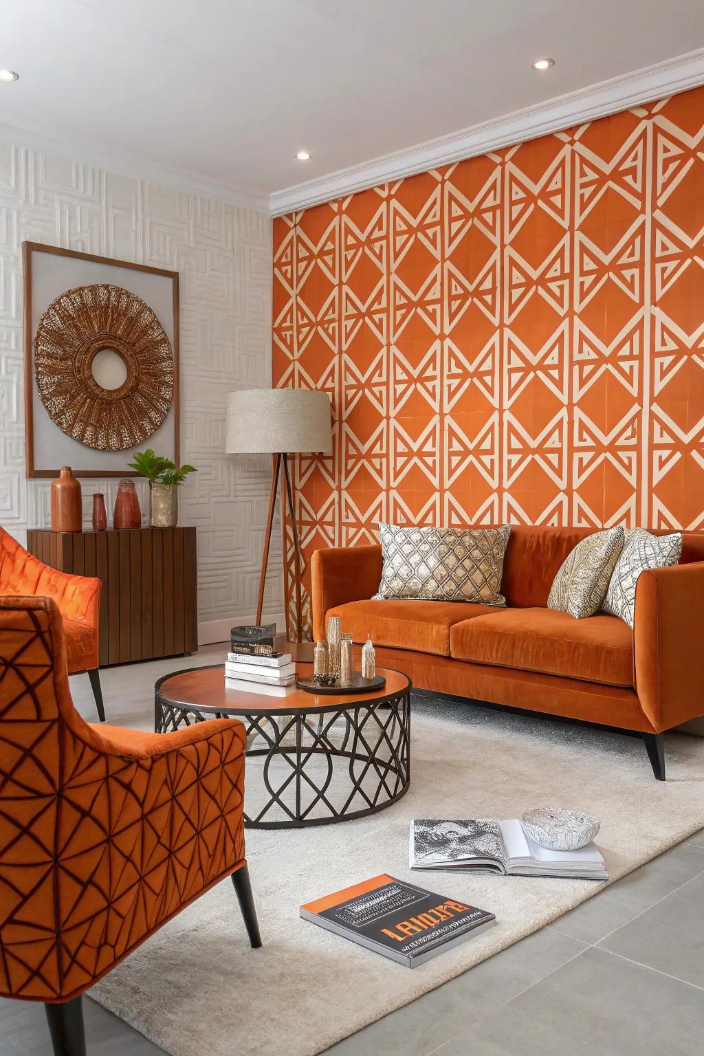 This trendy living area showcases designs with orange patterns.