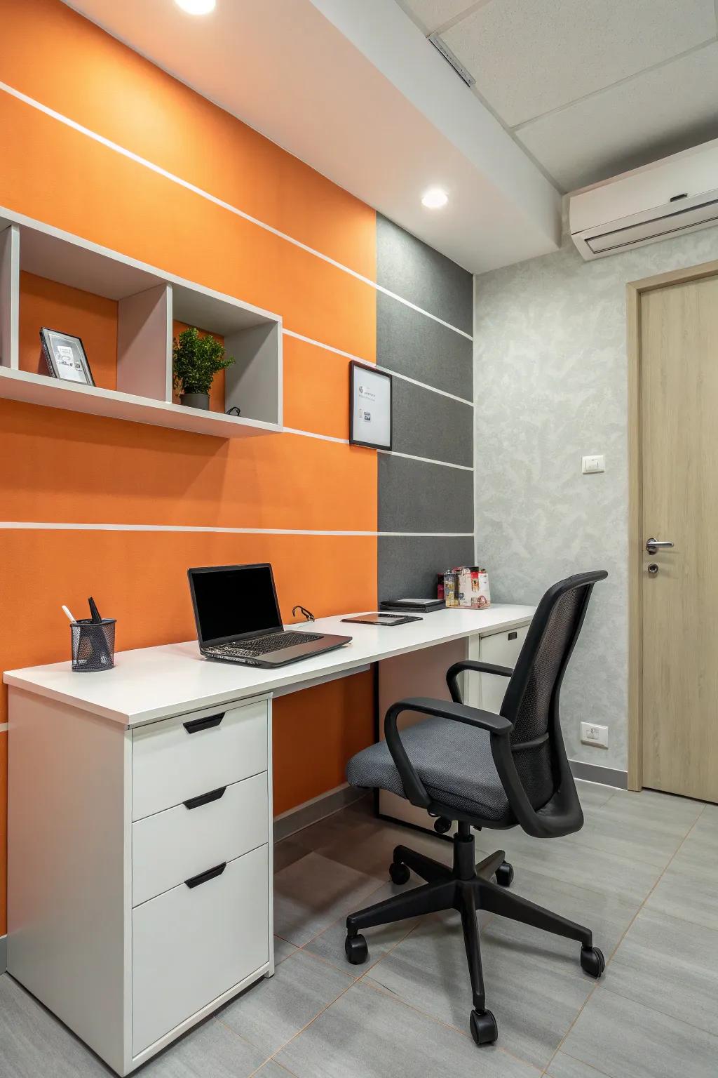 An office area harmonized with the refined pairing of tangerine and slate.