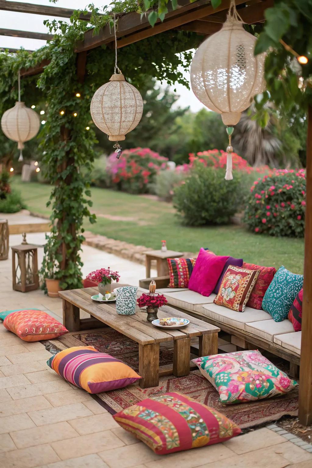 Vibrant toss pillows fashion a relaxed and inviting seating sector.