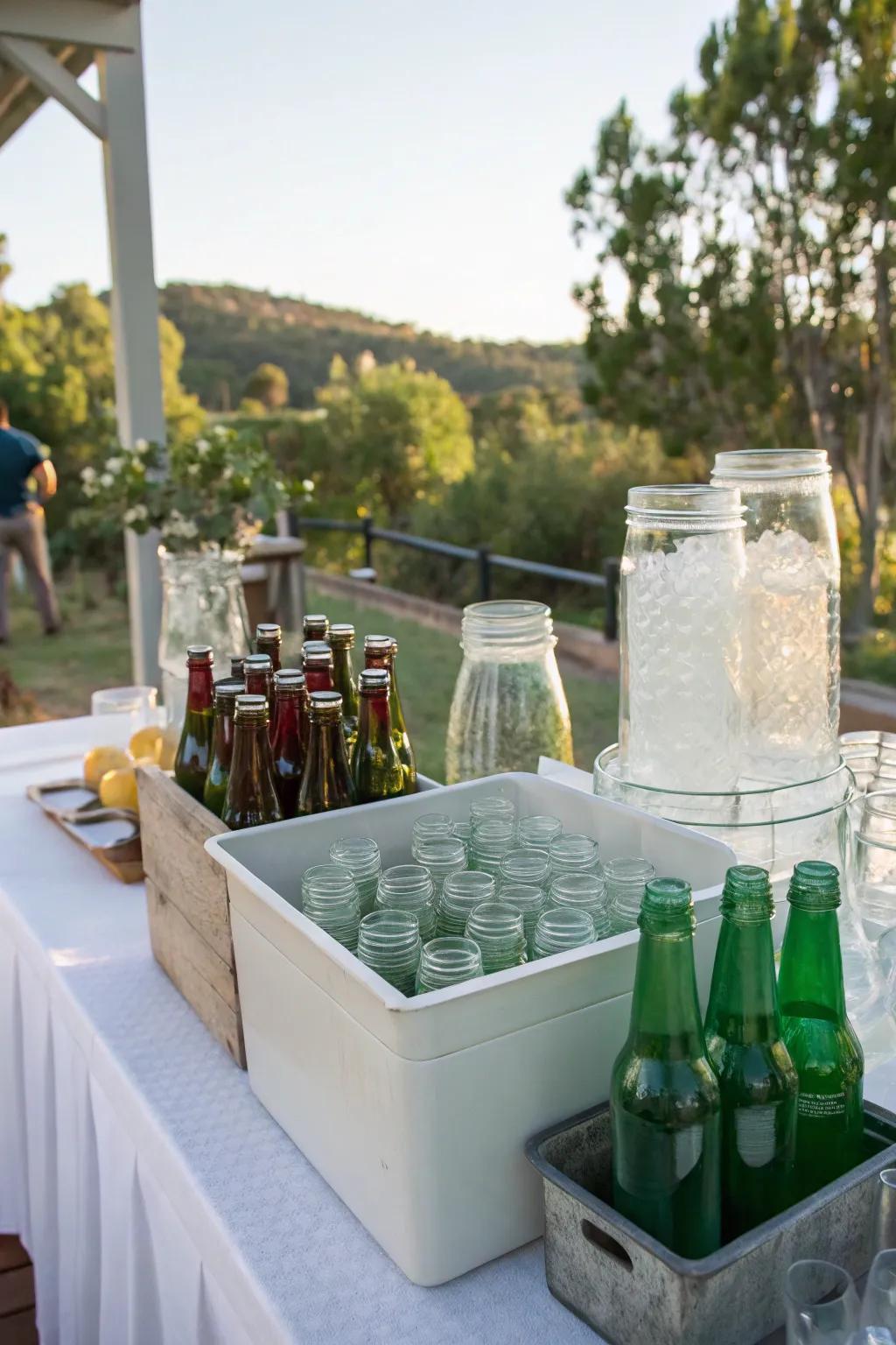 Reclaimed glassware infuses eco-friendly charm to your arrangement.