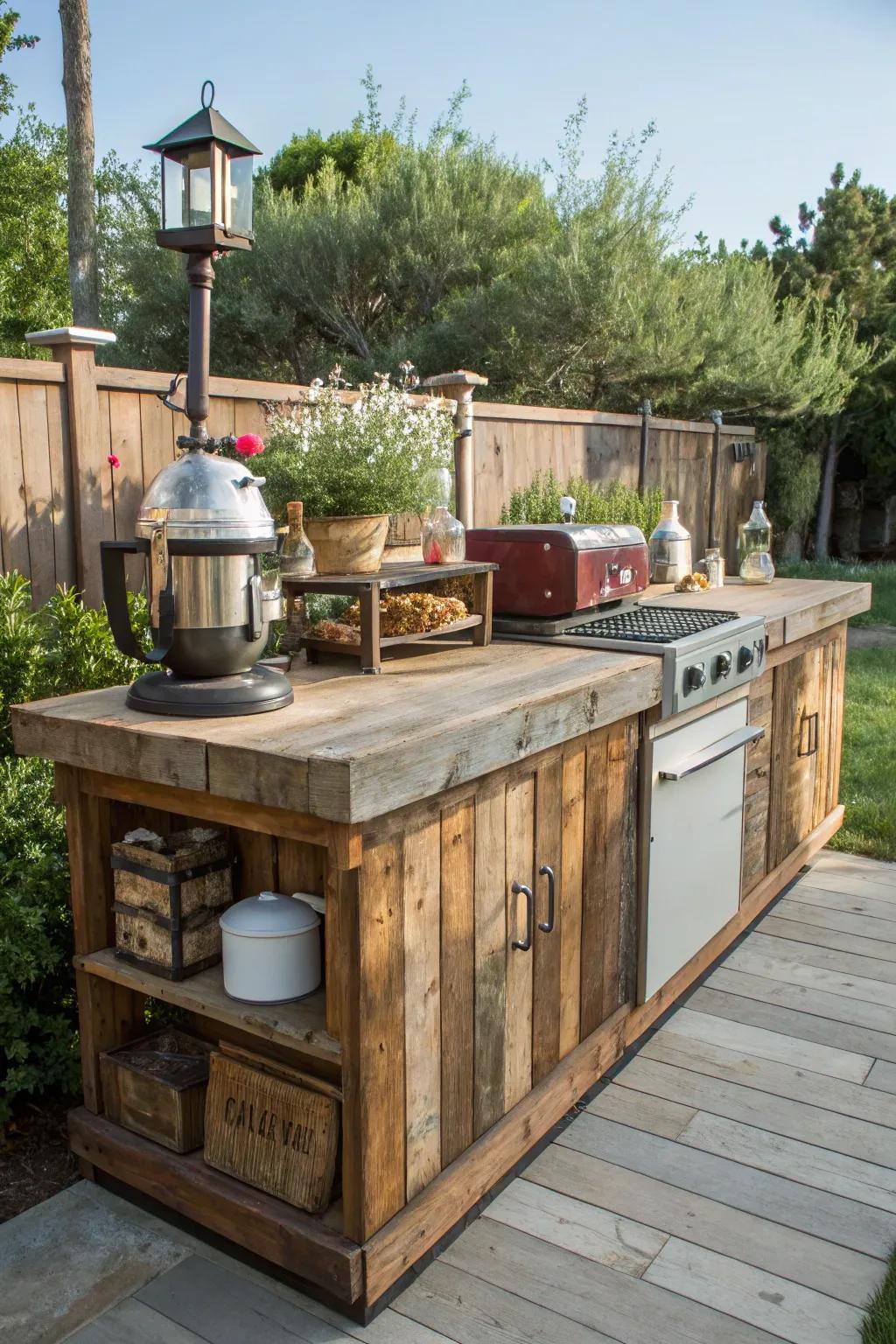 A charming outdoor kitchen island constructed from upcycled wood and vintage accents.