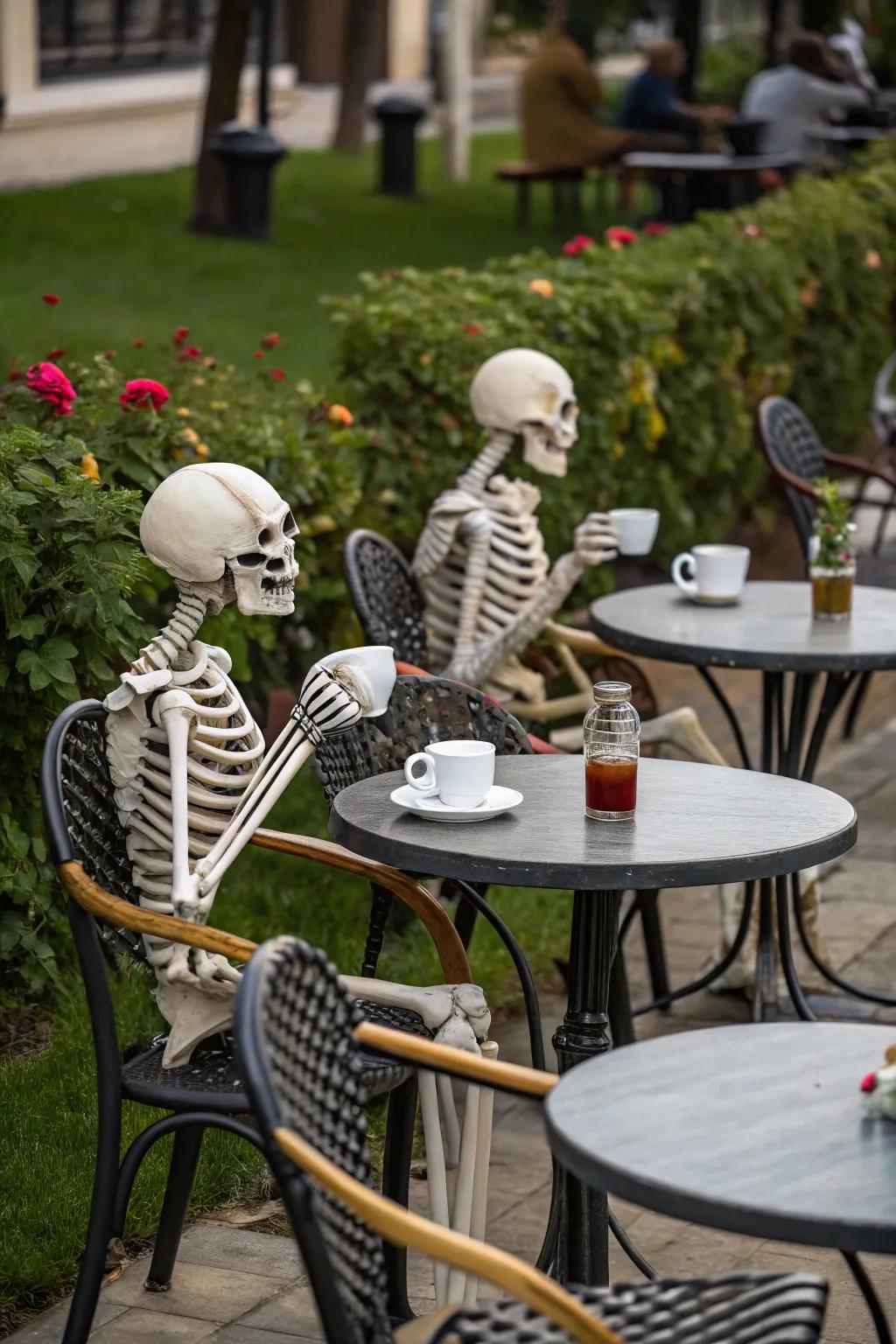 Skeletons enjoying a coffee break in their outdoor café.