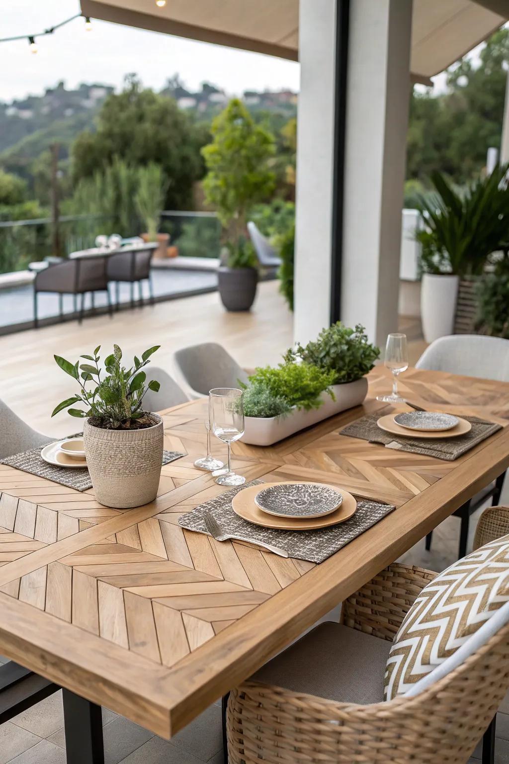 Herringbone motif table tops are timeless and incorporate dynamic visual intrigue.