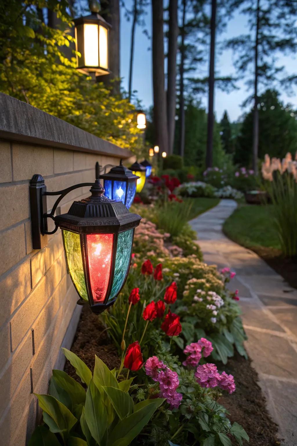 Outdoor lighting gains a whimsical touch from hued glass.