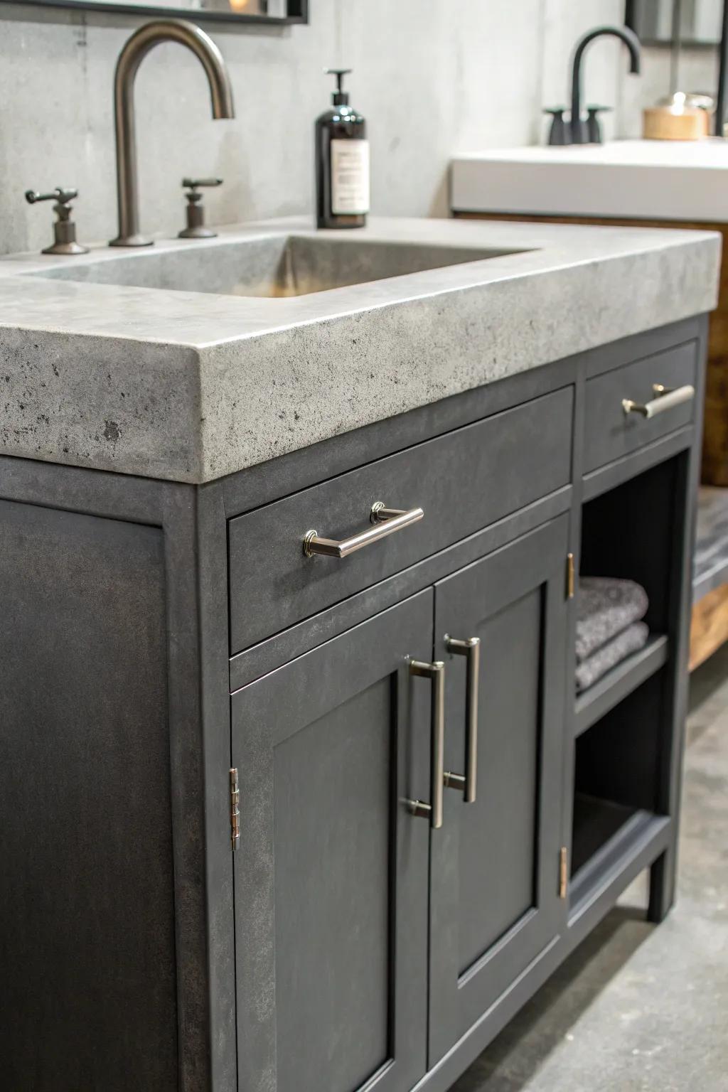 Soot gray vanities offer an industrial edge.