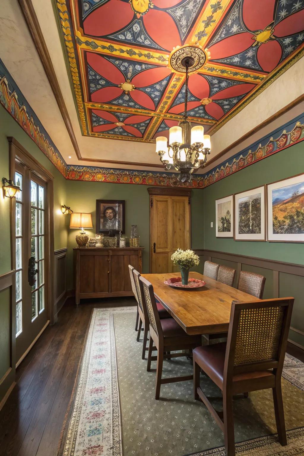 The ceiling acts as a unifying element in the room’s design.