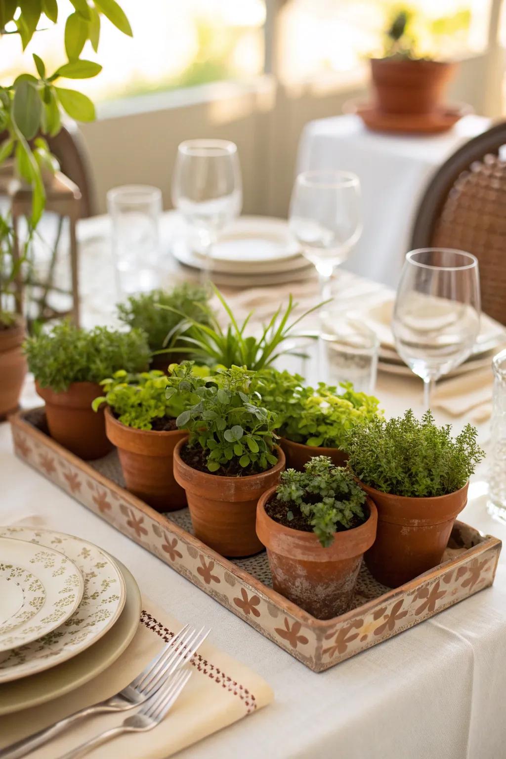 An eco-friendly centerpiece starring potted plants.