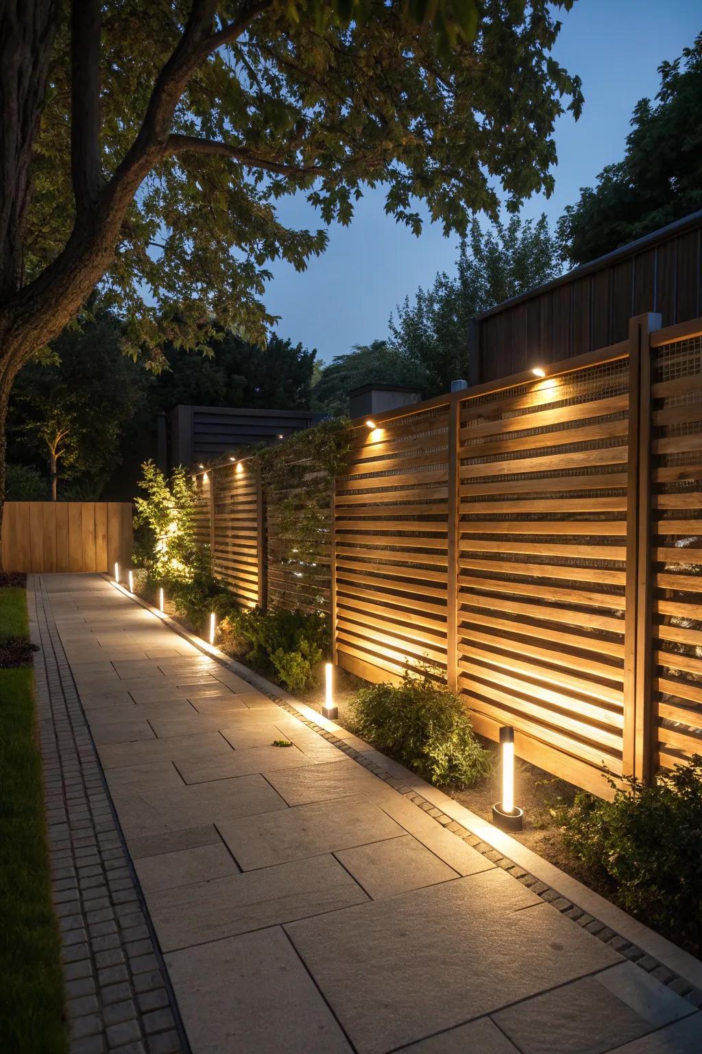 Illumination transforms planked fences into nighttime features.