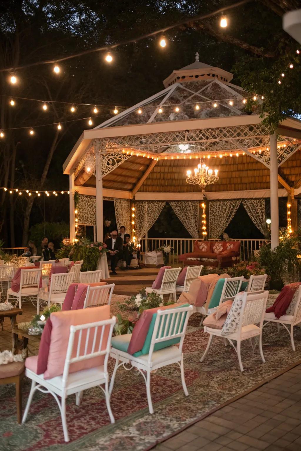 The wedding is given a cozy and eclectic vibe by uneven seating.