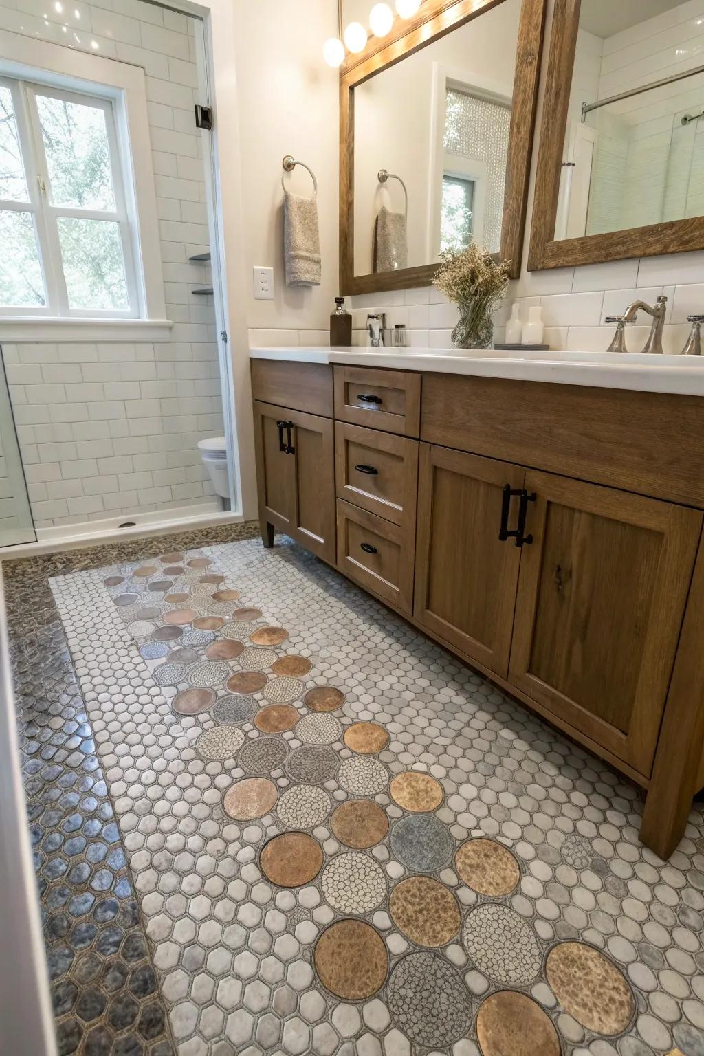 Blend and match textures using penny tiles for enhanced depth.