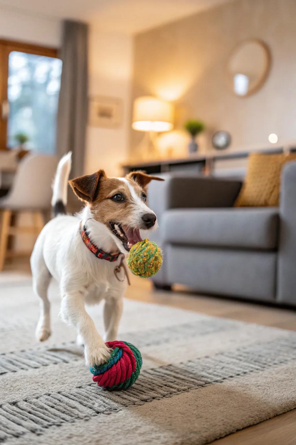 A playful pet enjoying a cozy home setting.