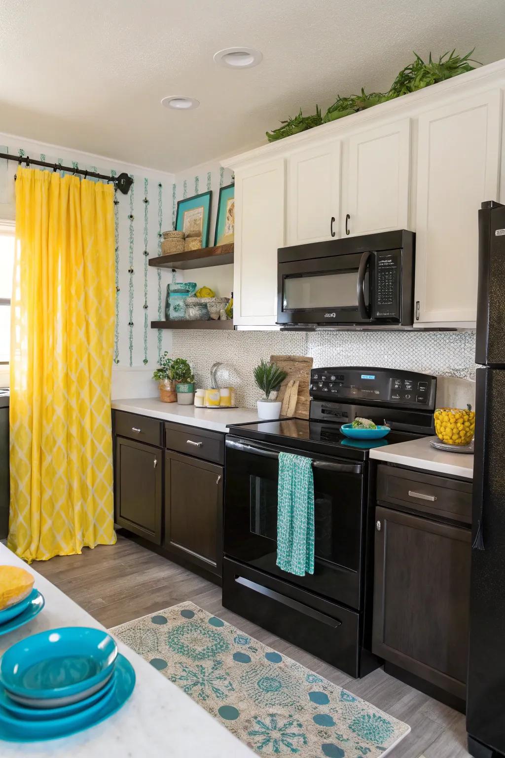 Colorful accents bring personality to a sleek cooking area.