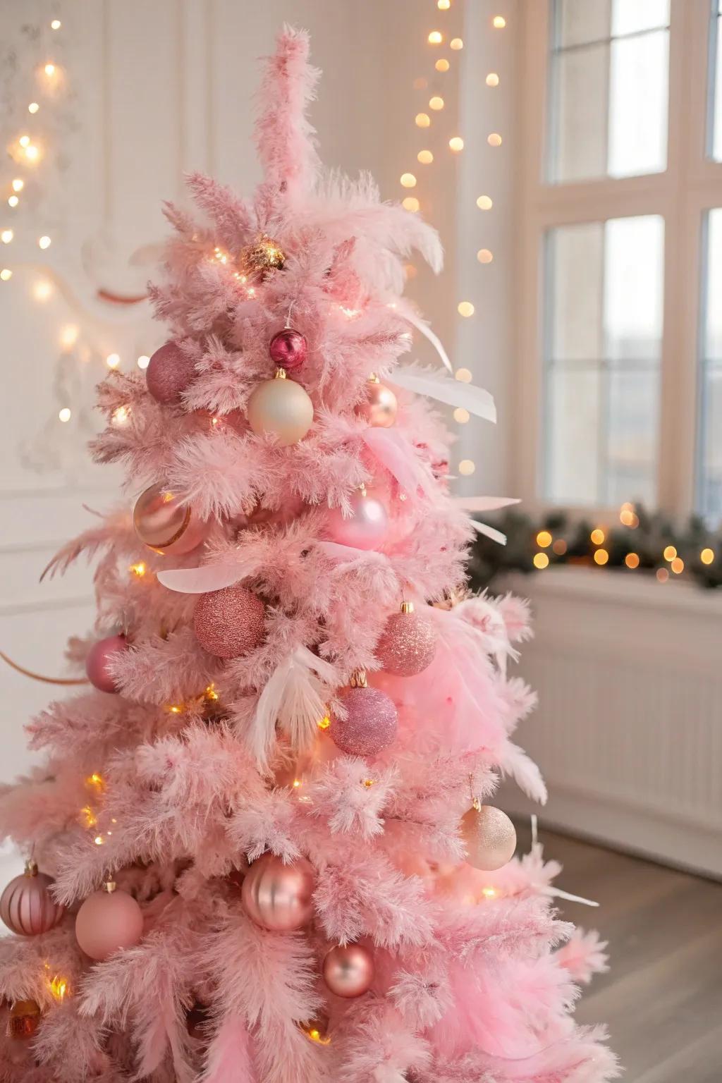 Feather garlands bring a dash of whimsy to this elegant tree.