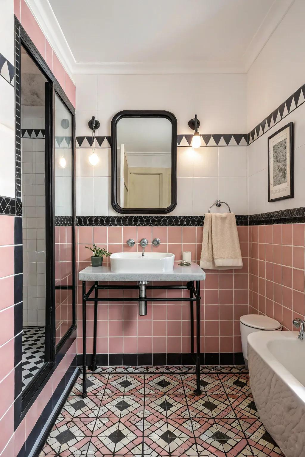 A retro-inspired bathroom that features a pink and dark tile combination.
