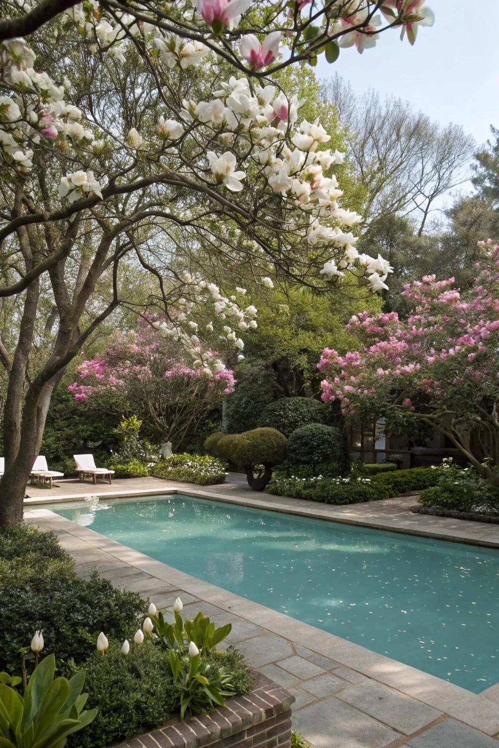Magnolia trees provide beauty and shade with their iconic blooms.